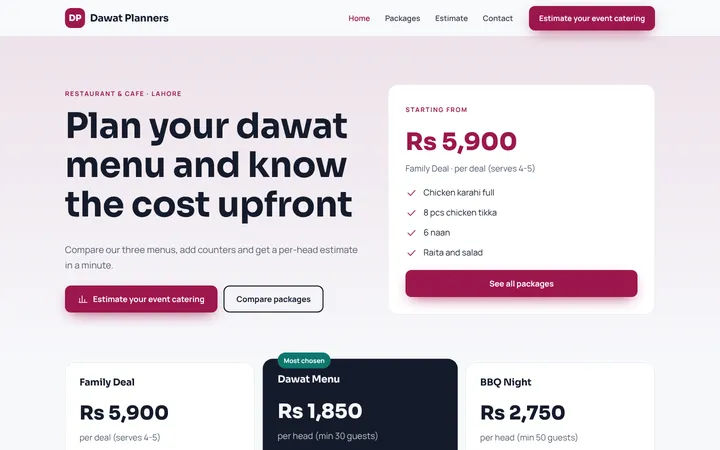Home page of Dawat Planners, a sample packages + estimator website