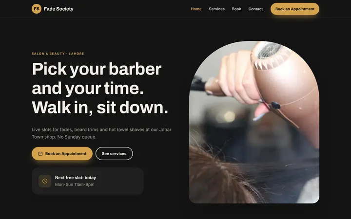 Home page of Fade Society, a sample booking website website