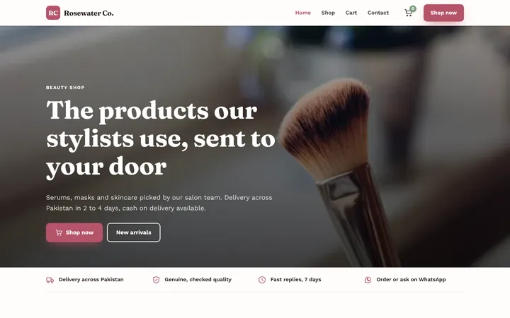 Home page of Rosewater Co., a sample online store website
