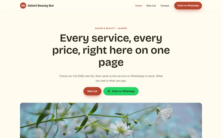 Home page of Saloni Beauty Bar, a sample menu / price list website