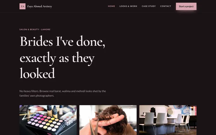 Home page of Zoya Ahmed Artistry, a sample portfolio & gallery website