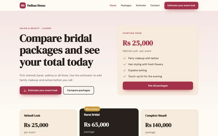 Home page of Dulhan House, a sample packages + estimator website