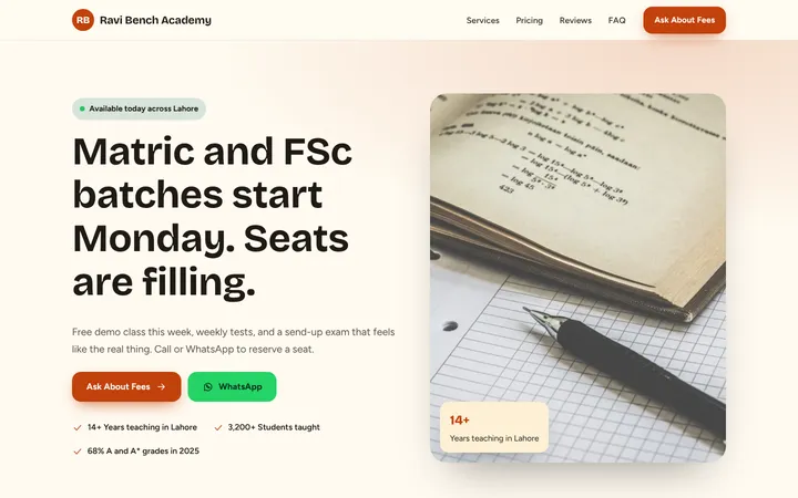 Home page of Ravi Bench Academy, a sample lead-gen one-pager website