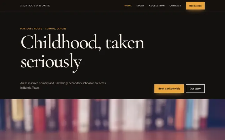 Home page of Marigold House, a sample premium brand website