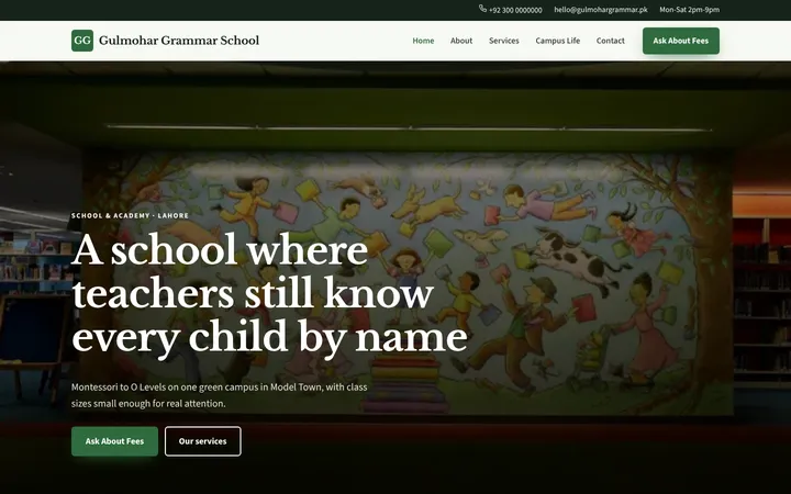 Home page of Gulmohar Grammar School, a sample company website website