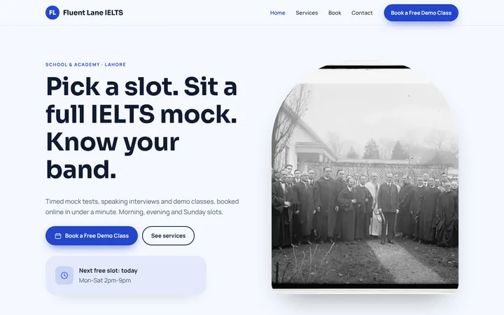 Home page of Fluent Lane IELTS, a sample booking website website