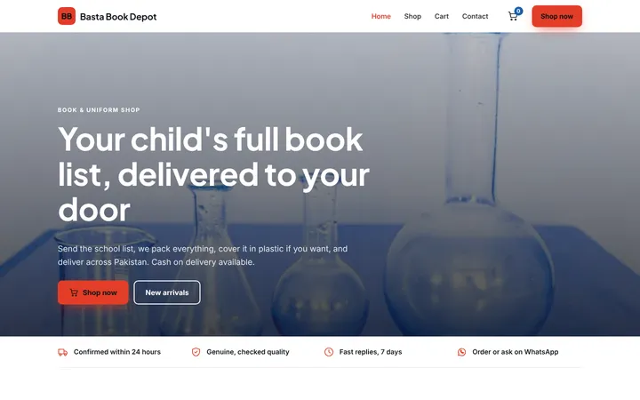 Home page of Basta Book Depot, a sample online store website