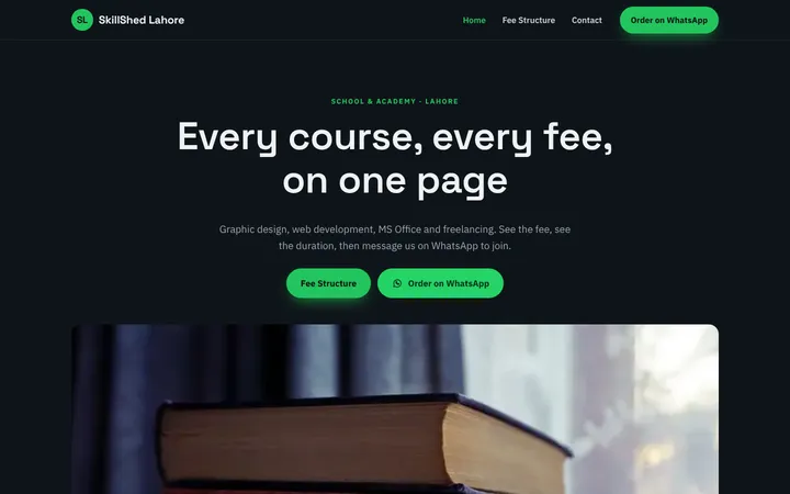 Home page of SkillShed Lahore, a sample menu / price list website