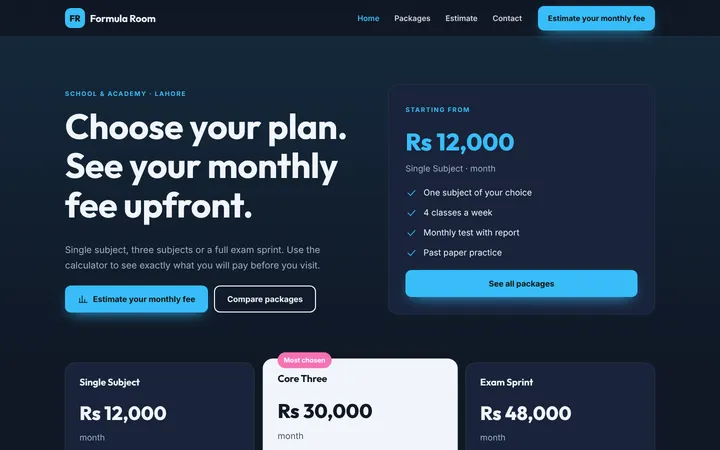 Home page of Formula Room, a sample packages + estimator website
