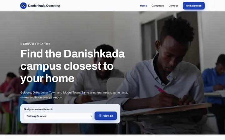 Home page of Danishkada Coaching, a sample multi-branch website