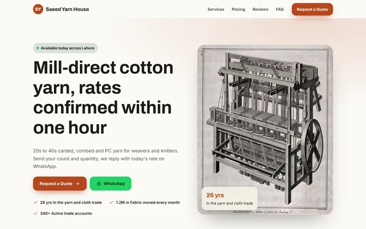 Home page of Saeed Yarn House, a sample lead-gen one-pager website