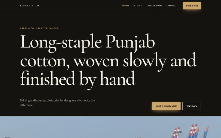Home page of Kapas & Co., a sample premium brand website