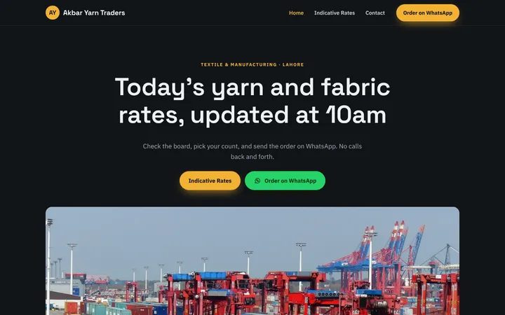 Home page of Akbar Yarn Traders, a sample menu / price list website