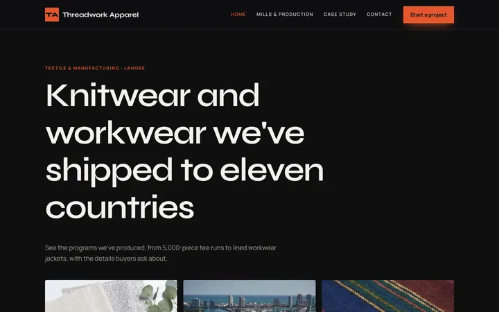 Home page of Threadwork Apparel, a sample portfolio & gallery website
