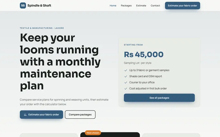 Home page of Spindle & Shaft, a sample packages + estimator website