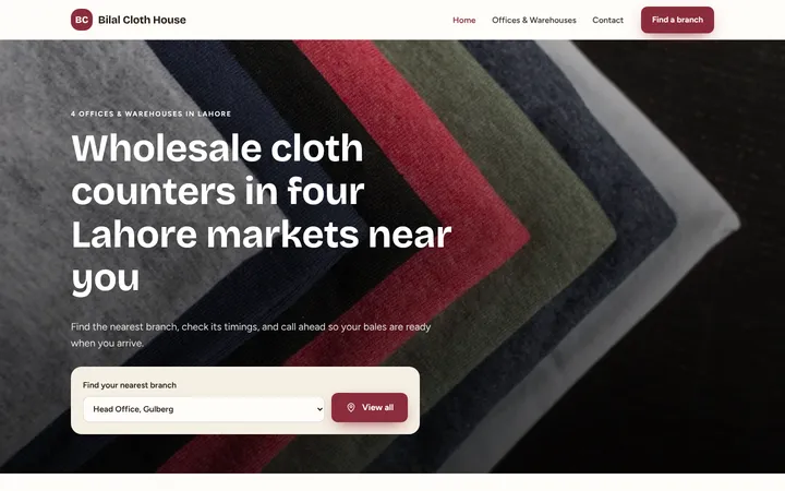 Home page of Bilal Cloth House, a sample multi-branch website