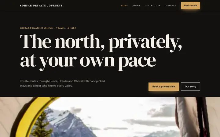Home page of Kohsar Private Journeys, a sample premium brand website