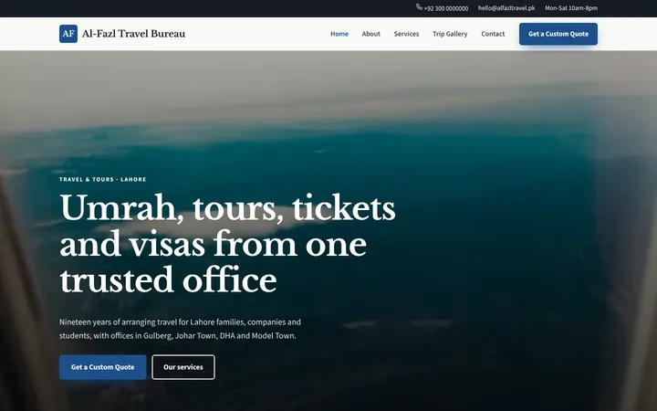 Home page of Al-Fazl Travel Bureau, a sample company website website