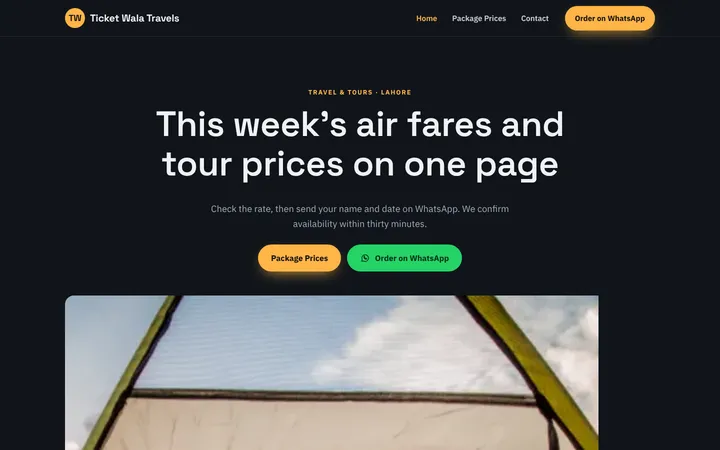 Home page of Ticket Wala Travels, a sample menu / price list website