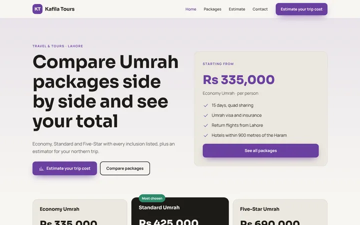 Home page of Kafila Tours, a sample packages + estimator website