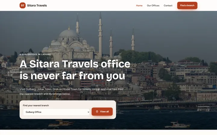 Home page of Sitara Travels, a sample multi-branch website