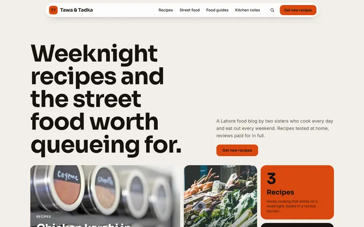 Home page of Tawa & Tadka, a sample mosaic layout website