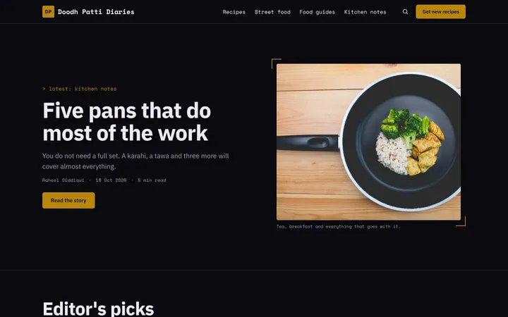 Home page of Doodh Patti Diaries, a sample night shift layout website