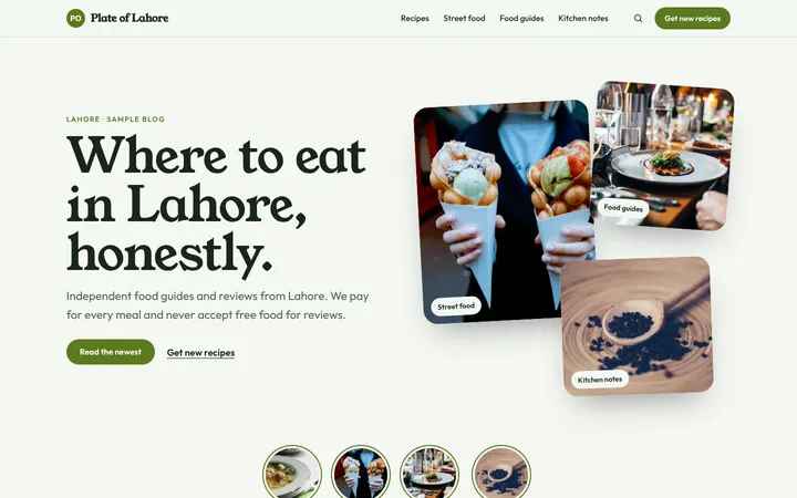 Home page of Plate of Lahore, a sample pinboard layout website