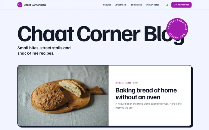Home page of Chaat Corner Blog, a sample riso layout website