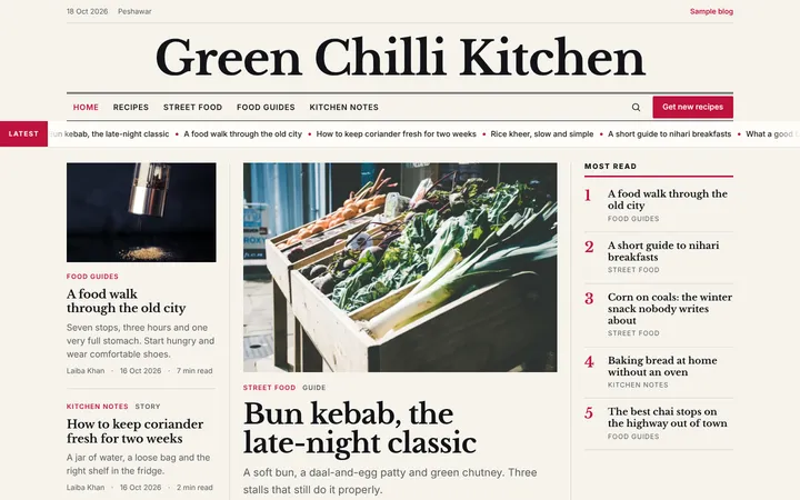 Home page of Green Chilli Kitchen, a sample broadsheet layout website