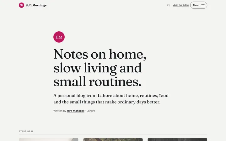 Home page of Soft Mornings, a sample notebook layout website