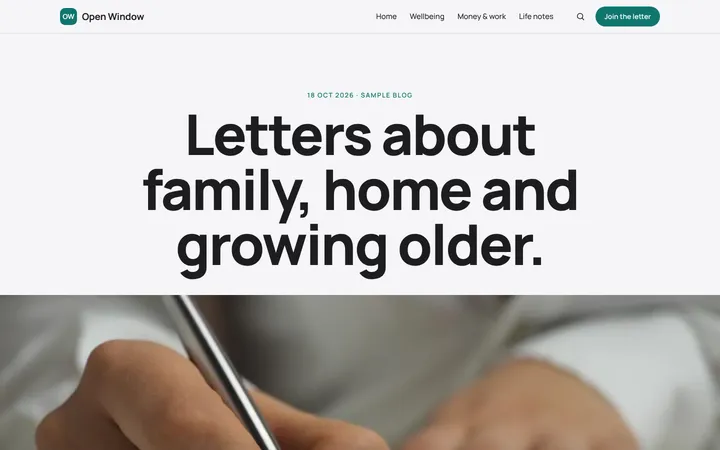 Home page of Open Window, a sample spotlight layout website