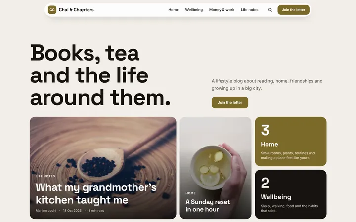 Home page of Chai & Chapters, a sample mosaic layout website