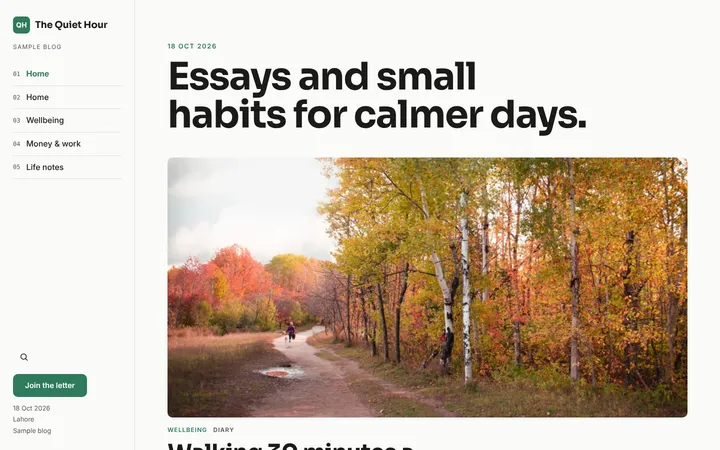 Home page of The Quiet Hour, a sample column layout website