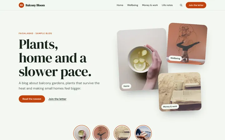 Home page of Balcony Bloom, a sample pinboard layout website
