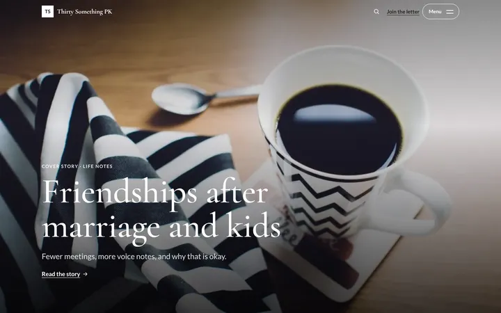 Home page of Thirty Something PK, a sample cover story layout website