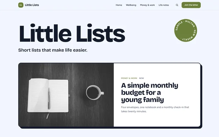 Home page of Little Lists, a sample riso layout website