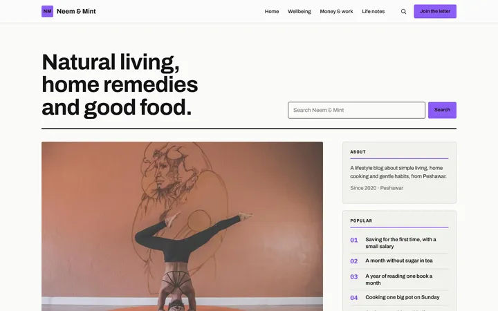 Home page of Neem & Mint, a sample classic layout website