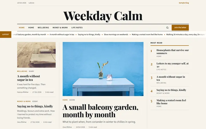 Home page of Weekday Calm, a sample broadsheet layout website