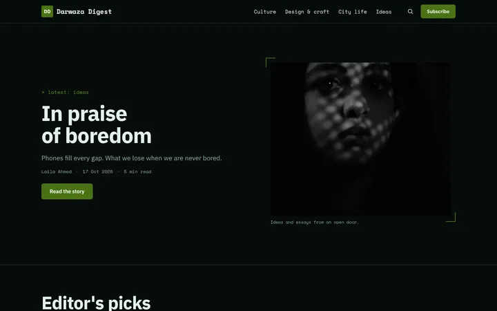 Home page of Darwaza Digest, a sample night shift layout website