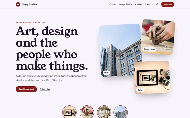 Home page of Rang Review, a sample pinboard layout website