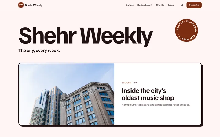 Home page of Shehr Weekly, a sample riso layout website