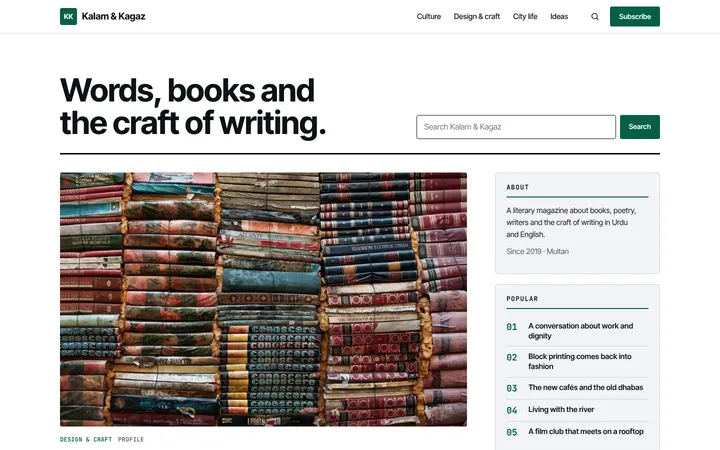 Home page of Kalam & Kagaz, a sample classic layout website