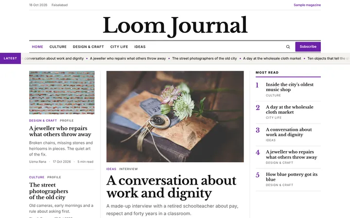 Home page of Loom Journal, a sample broadsheet layout website