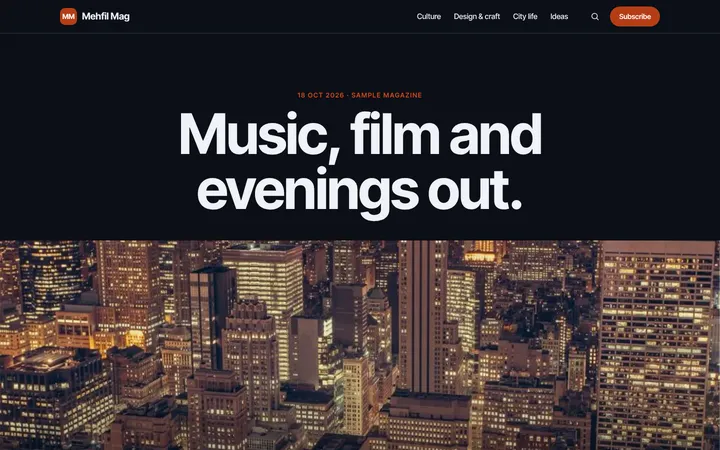 Home page of Mehfil Mag, a sample spotlight layout website