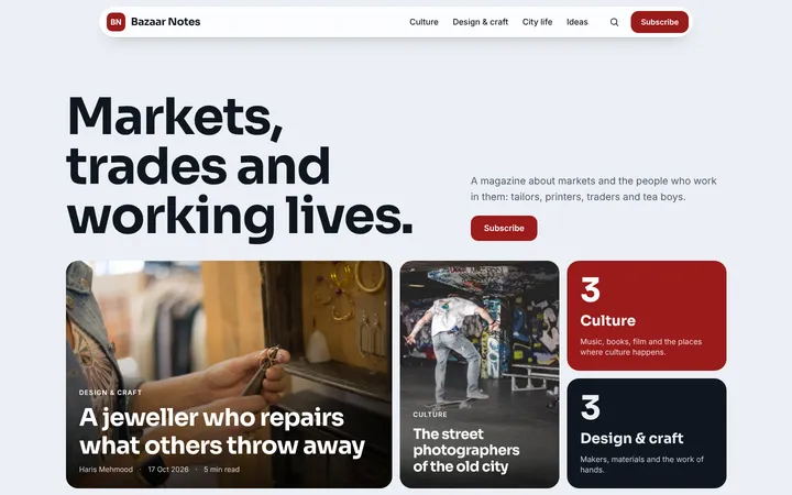 Home page of Bazaar Notes, a sample mosaic layout website