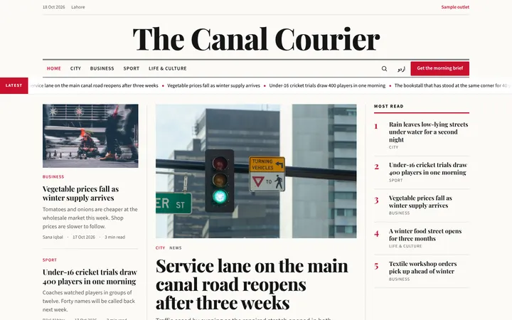 Home page of The Canal Courier, a sample broadsheet layout website