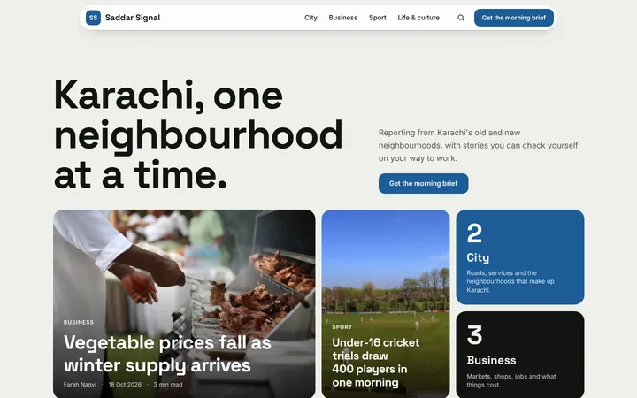 Home page of Saddar Signal, a sample mosaic layout website