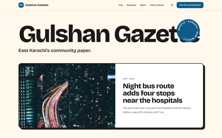 Home page of Gulshan Gazette, a sample riso layout website