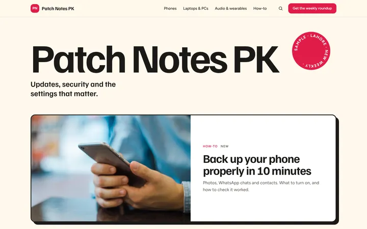 Home page of Patch Notes PK, a sample riso layout website